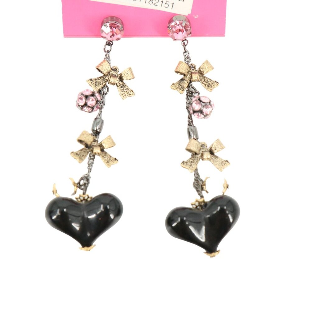 New Betsey Johnson Long Dangle Black Puff Heart Crystal Rhinestone Gold Earrings